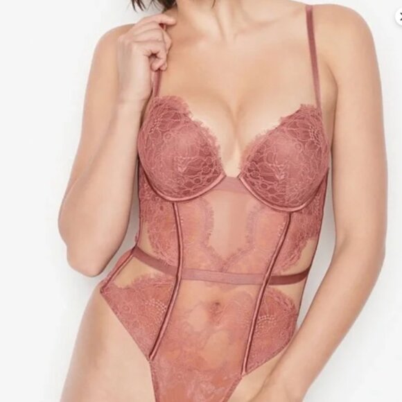 Victoria’s Secret Bombshell Lace Teddy Bodysuit in Dusty Rose Mauve - Medium NWT - Picture 1 of 14
